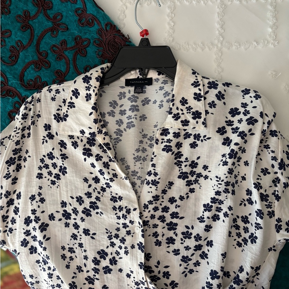 Tamara H. White and Navy Floral Button-Down Shirt